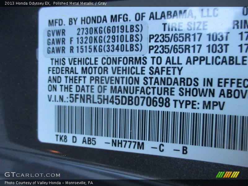 Polished Metal Metallic / Gray 2013 Honda Odyssey EX