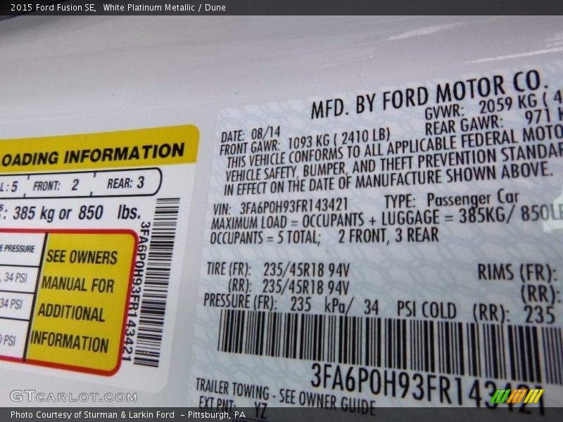 White Platinum Metallic / Dune 2015 Ford Fusion SE