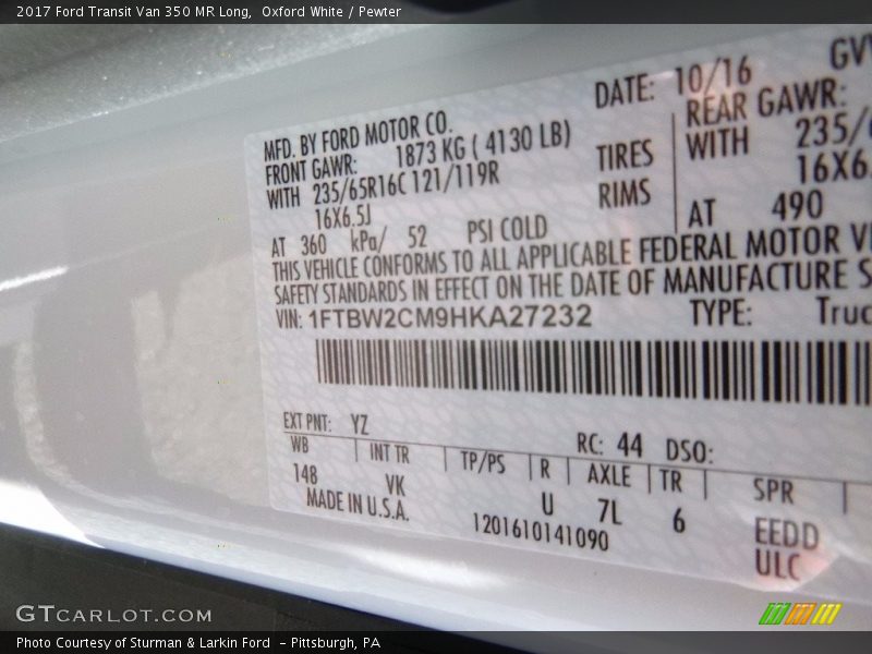 Oxford White / Pewter 2017 Ford Transit Van 350 MR Long