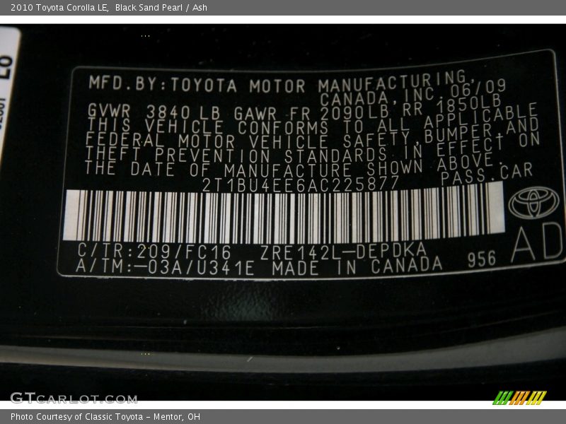 Black Sand Pearl / Ash 2010 Toyota Corolla LE