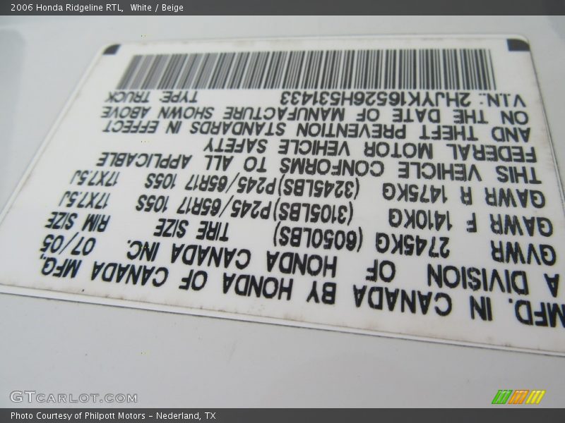 White / Beige 2006 Honda Ridgeline RTL