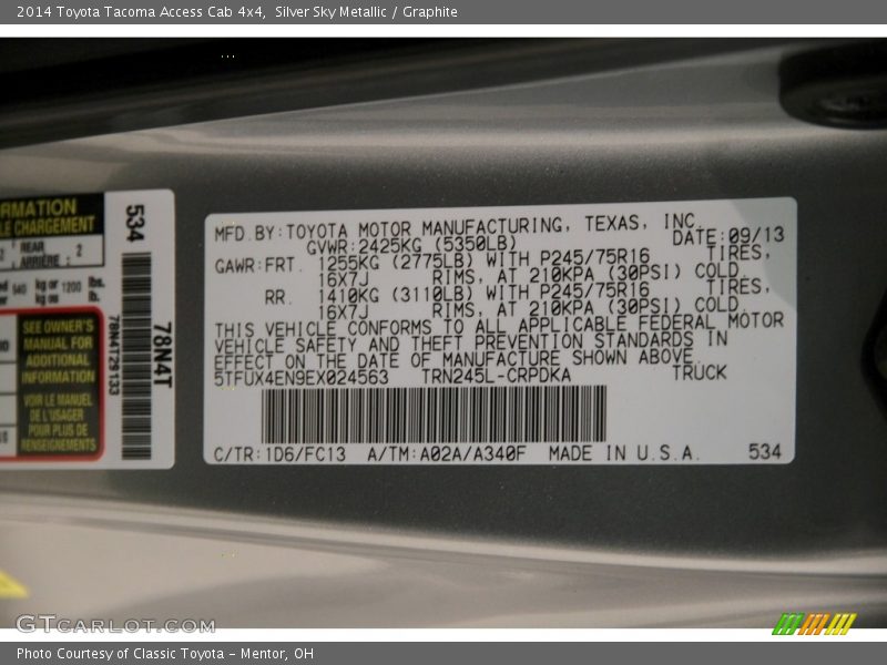 Silver Sky Metallic / Graphite 2014 Toyota Tacoma Access Cab 4x4