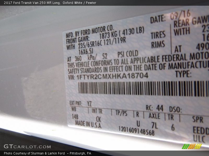 Oxford White / Pewter 2017 Ford Transit Van 250 MR Long