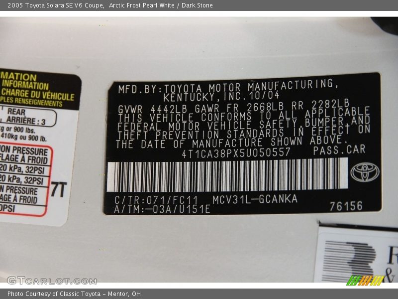 Arctic Frost Pearl White / Dark Stone 2005 Toyota Solara SE V6 Coupe