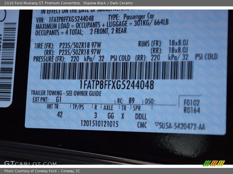 Shadow Black / Dark Ceramic 2016 Ford Mustang GT Premium Convertible