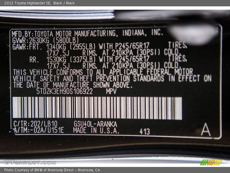 Black / Black 2013 Toyota Highlander SE