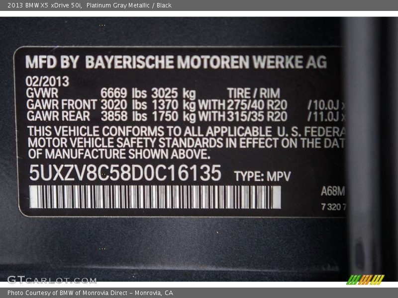 Platinum Gray Metallic / Black 2013 BMW X5 xDrive 50i