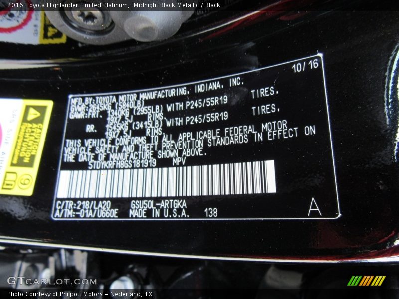 Midnight Black Metallic / Black 2016 Toyota Highlander Limited Platinum