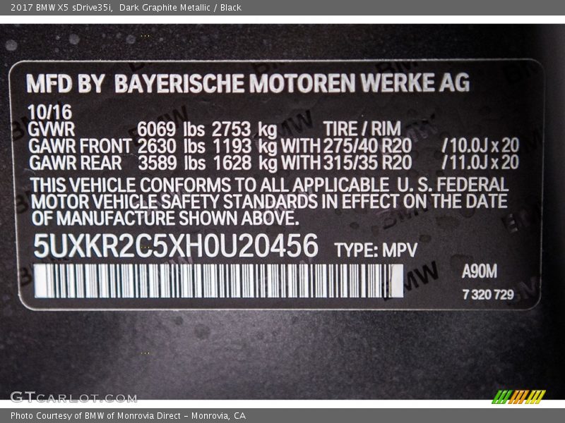 Dark Graphite Metallic / Black 2017 BMW X5 sDrive35i