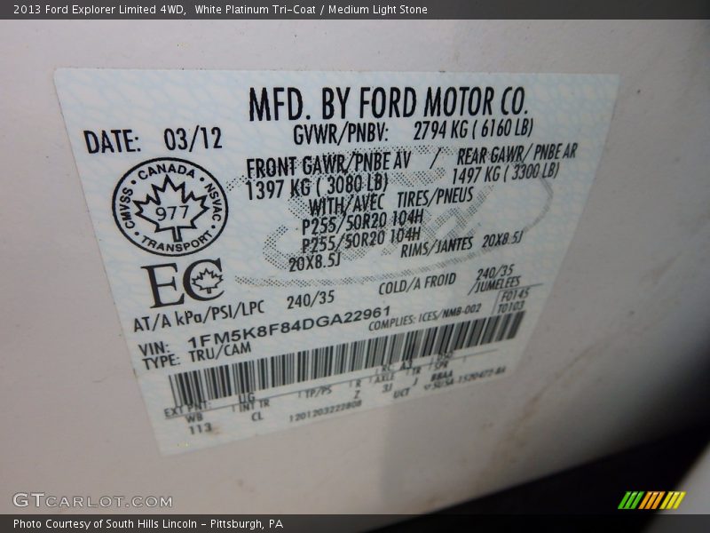 White Platinum Tri-Coat / Medium Light Stone 2013 Ford Explorer Limited 4WD