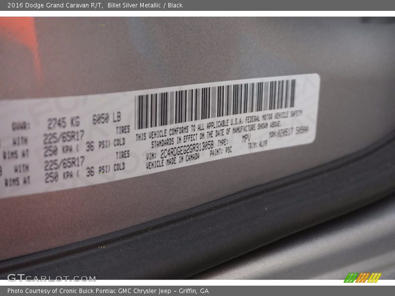 Billet Silver Metallic / Black 2016 Dodge Grand Caravan R/T