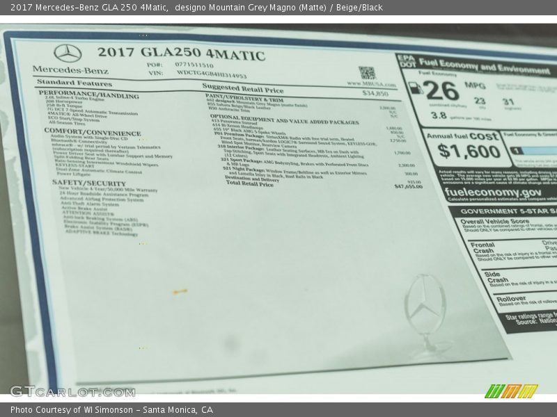  2017 GLA 250 4Matic Window Sticker