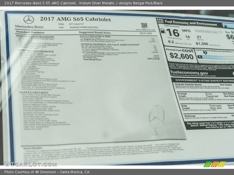  2017 S 65 AMG Cabriolet Window Sticker