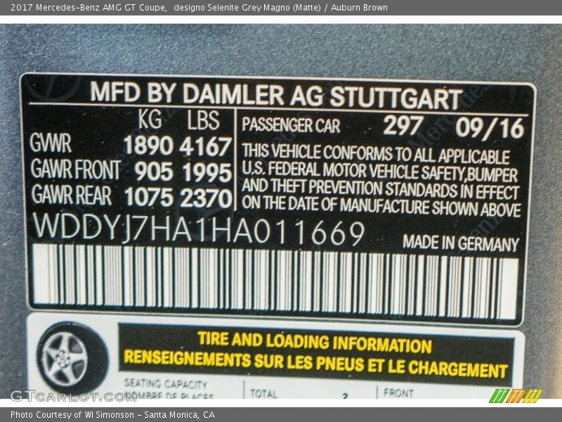 2017 AMG GT Coupe designo Selenite Grey Magno (Matte) Color Code 297