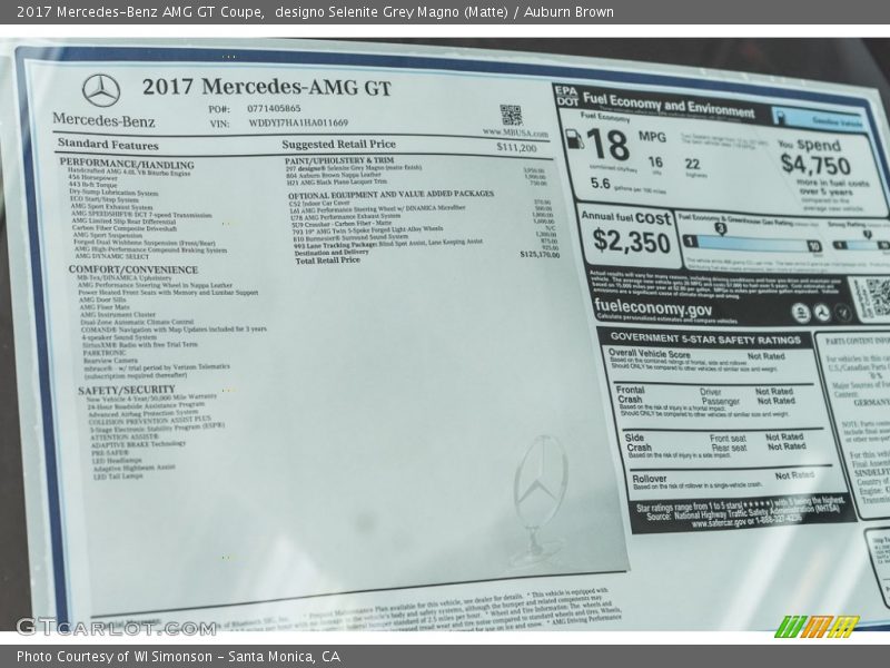  2017 AMG GT Coupe Window Sticker