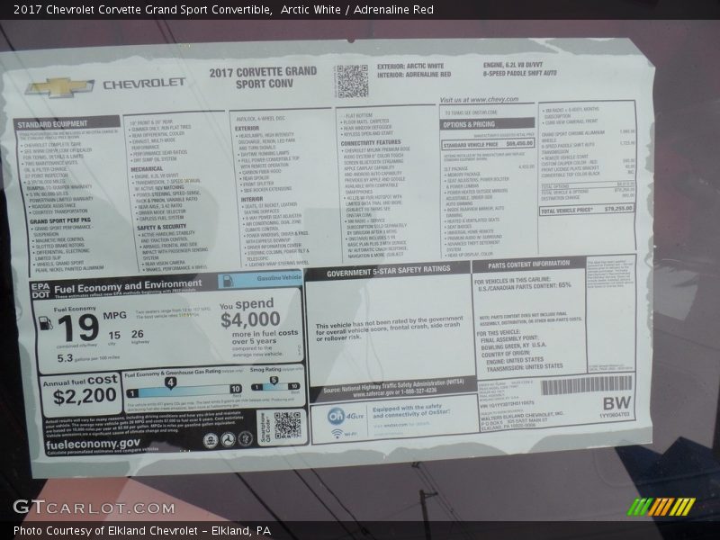  2017 Corvette Grand Sport Convertible Window Sticker