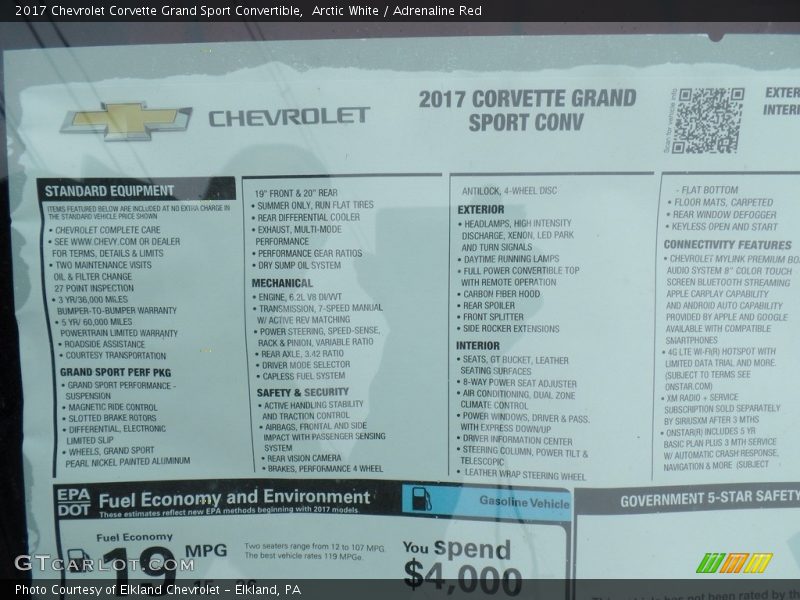  2017 Corvette Grand Sport Convertible Window Sticker