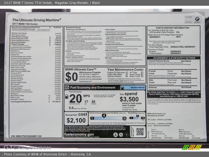  2017 7 Series 750i Sedan Window Sticker