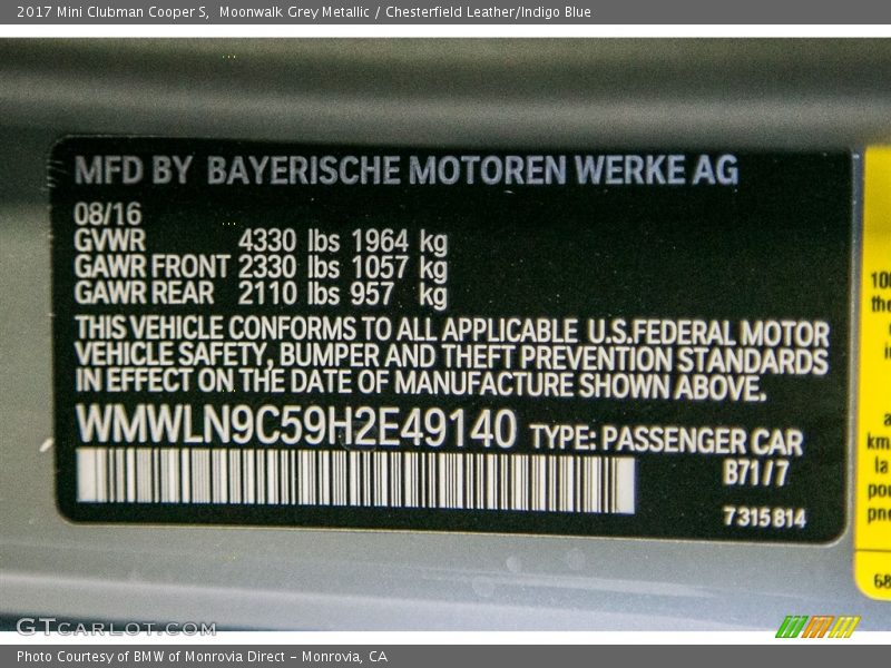 2017 Clubman Cooper S Moonwalk Grey Metallic Color Code B71