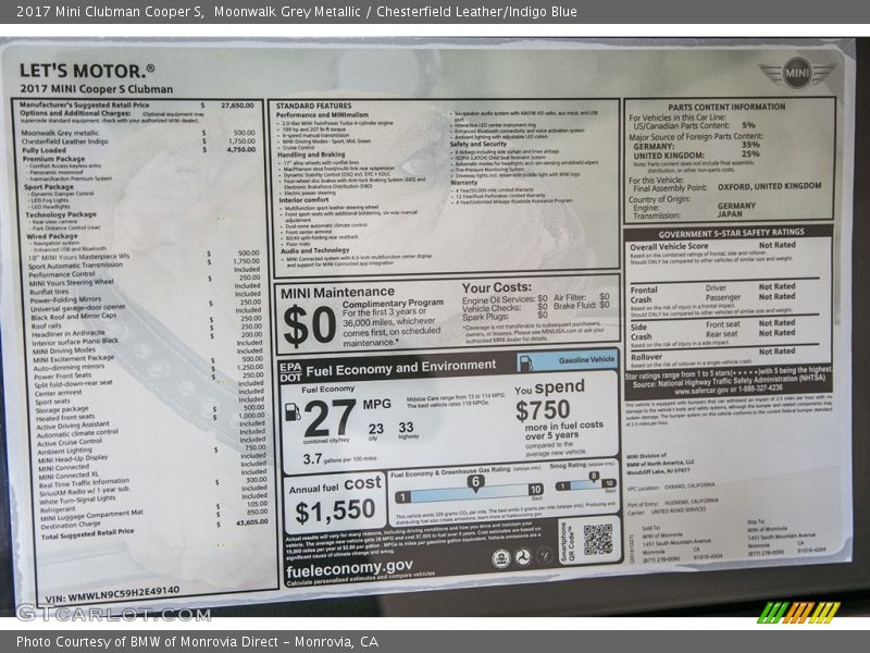  2017 Clubman Cooper S Window Sticker