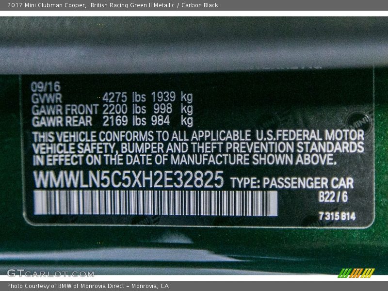 2017 Clubman Cooper British Racing Green II Metallic Color Code B22
