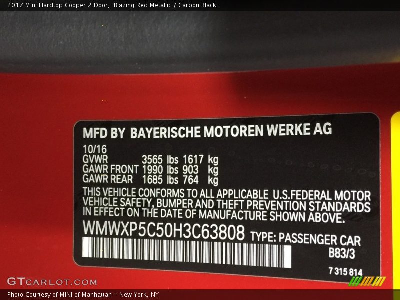 Blazing Red Metallic / Carbon Black 2017 Mini Hardtop Cooper 2 Door