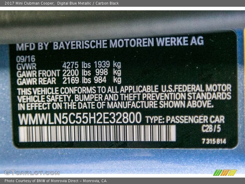 2017 Clubman Cooper Digital Blue Metallic Color Code C2B