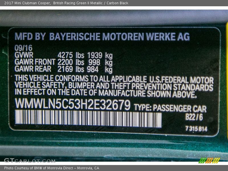 British Racing Green II Metallic / Carbon Black 2017 Mini Clubman Cooper