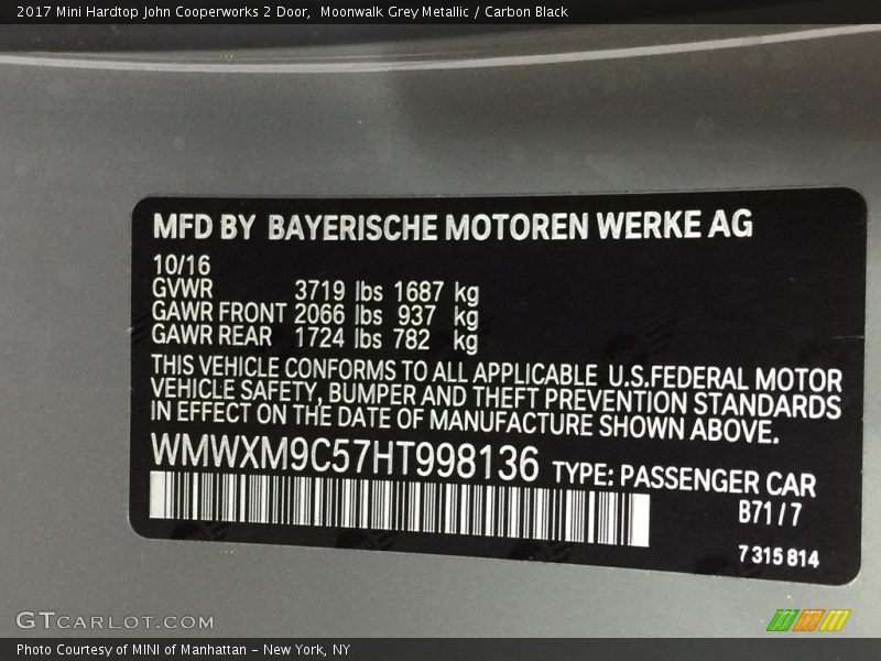 2017 Hardtop John Cooperworks 2 Door Moonwalk Grey Metallic Color Code B71