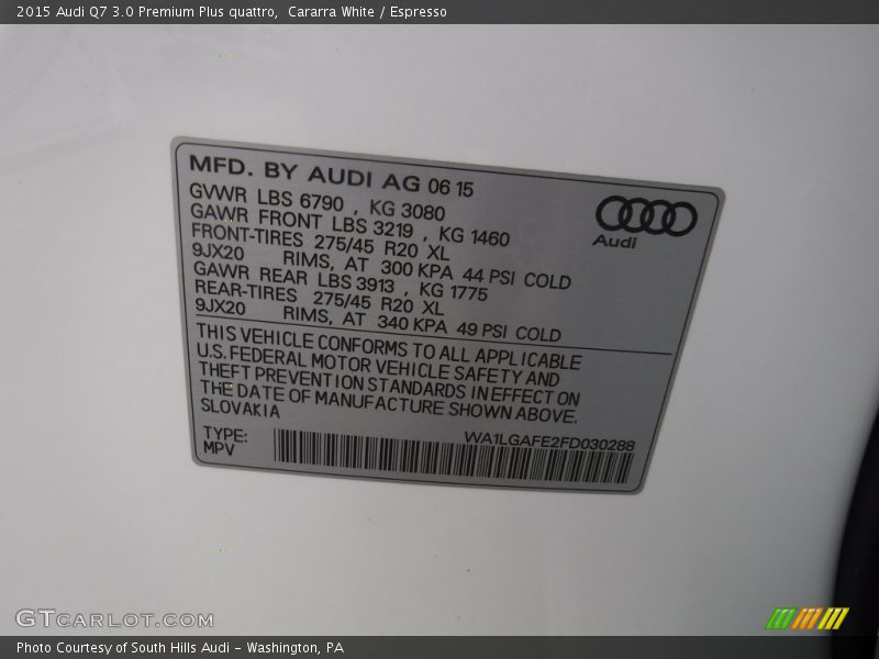 Cararra White / Espresso 2015 Audi Q7 3.0 Premium Plus quattro