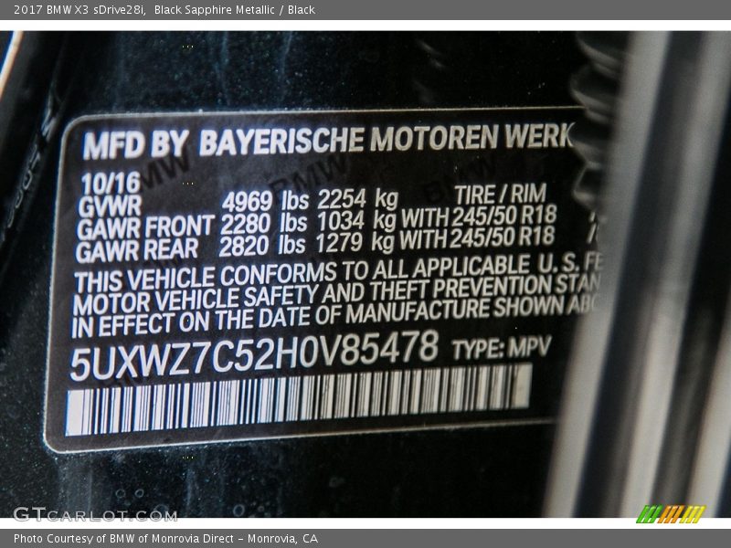 Black Sapphire Metallic / Black 2017 BMW X3 sDrive28i