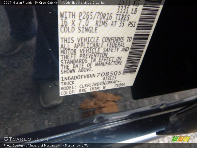 2017 Frontier SV Crew Cab 4x4 Arctic Blue Metallic Color Code RBG