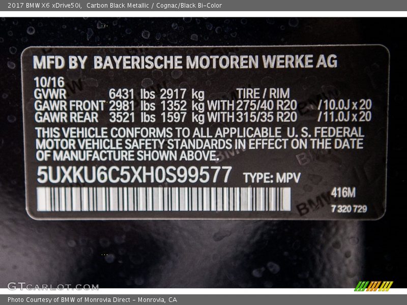 2017 X6 xDrive50i Carbon Black Metallic Color Code 416M