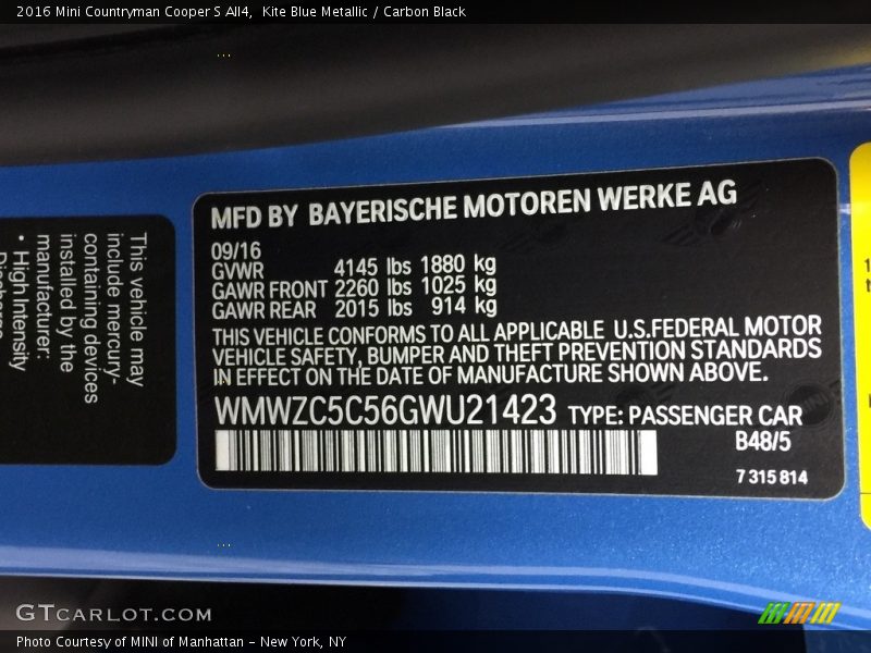 2016 Countryman Cooper S All4 Kite Blue Metallic Color Code B48