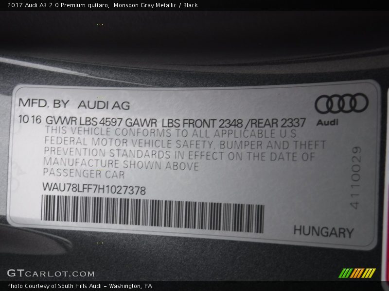 Monsoon Gray Metallic / Black 2017 Audi A3 2.0 Premium quttaro