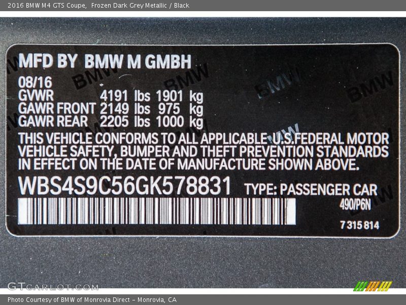 2016 M4 GTS Coupe Frozen Dark Grey Metallic Color Code 490