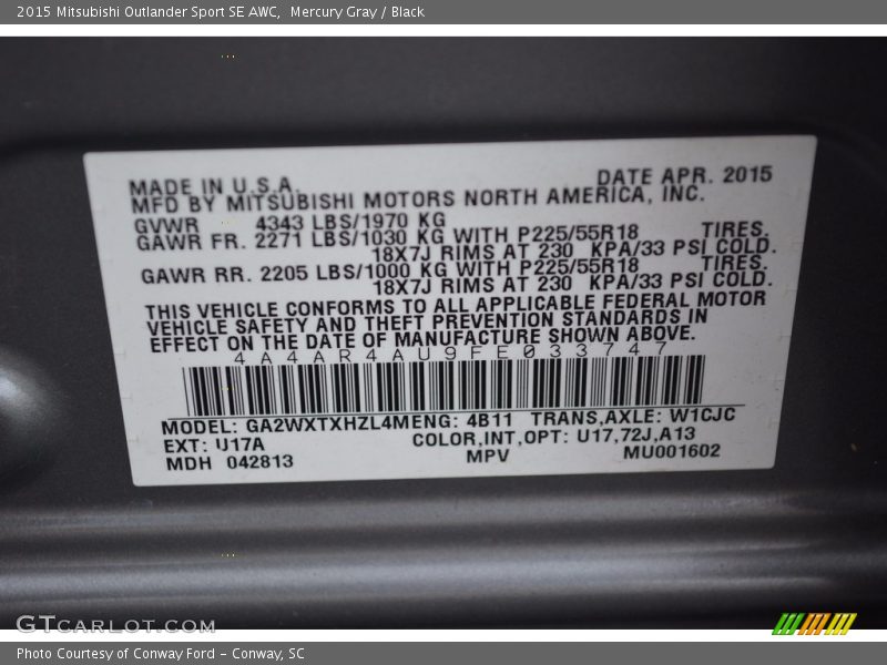 Mercury Gray / Black 2015 Mitsubishi Outlander Sport SE AWC