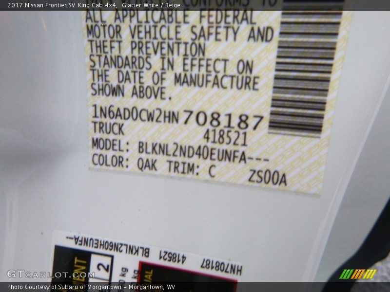 2017 Frontier SV King Cab 4x4 Glacier White Color Code QAK