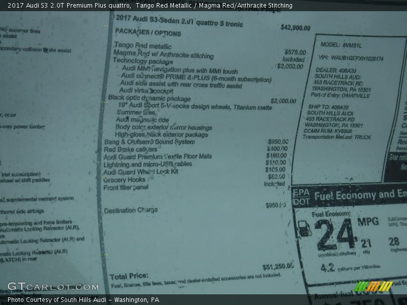  2017 S3 2.0T Premium Plus quattro Window Sticker