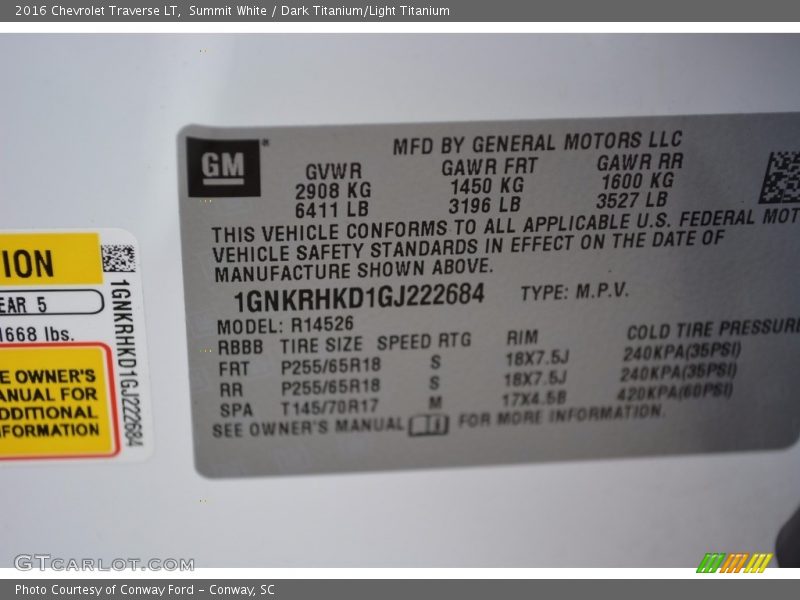 Summit White / Dark Titanium/Light Titanium 2016 Chevrolet Traverse LT