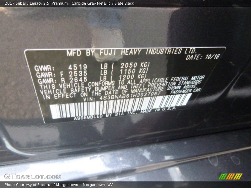 Carbide Gray Metallic / Slate Black 2017 Subaru Legacy 2.5i Premium