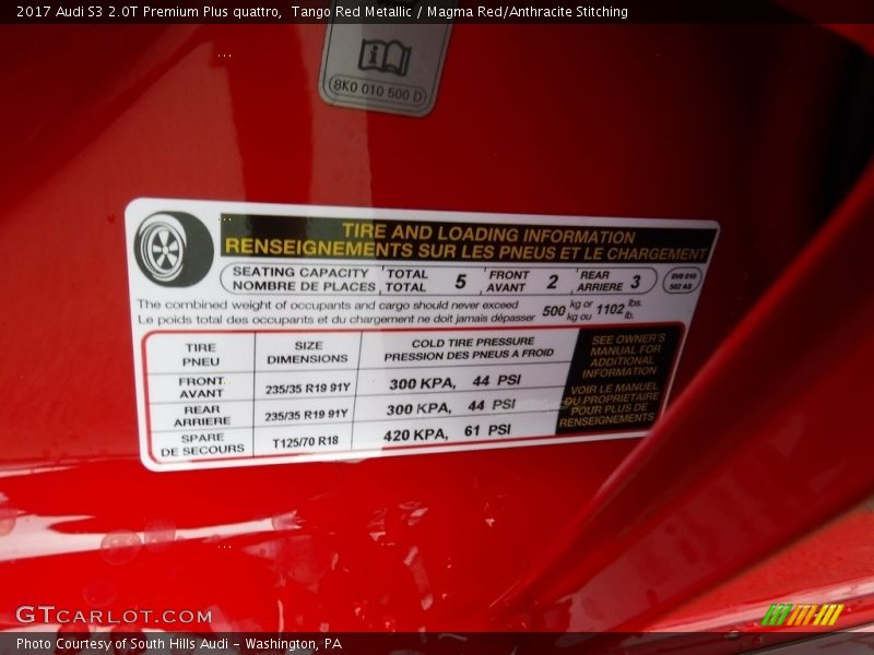 Info Tag of 2017 S3 2.0T Premium Plus quattro