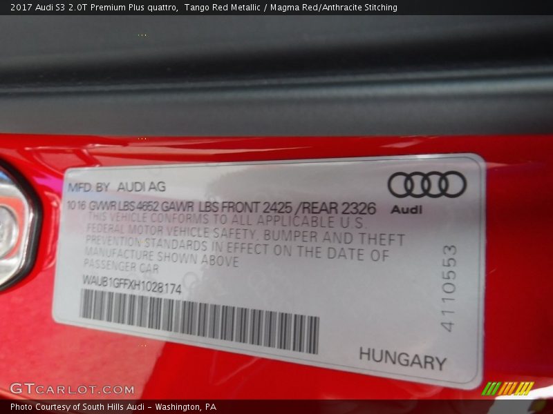 Tango Red Metallic / Magma Red/Anthracite Stitching 2017 Audi S3 2.0T Premium Plus quattro