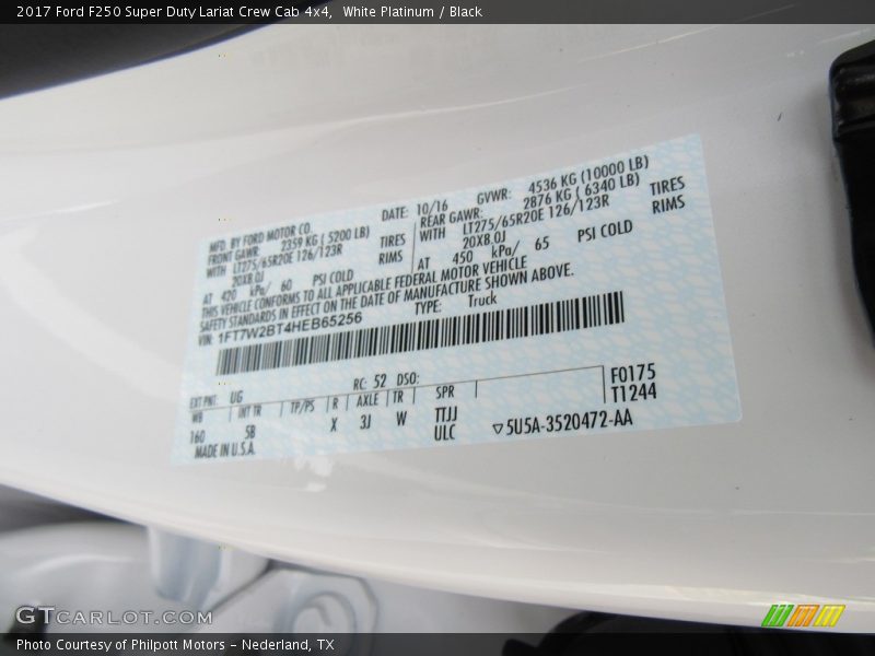 2017 F250 Super Duty Lariat Crew Cab 4x4 White Platinum Color Code UG