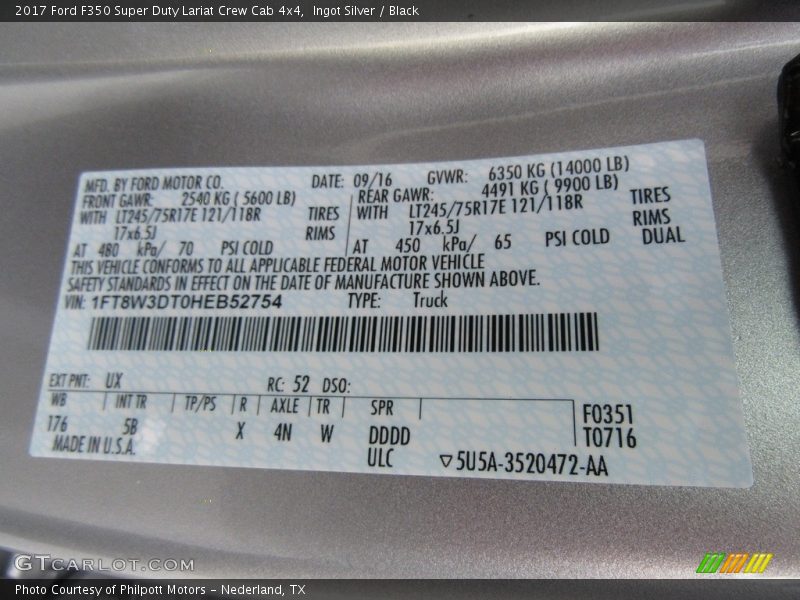 2017 F350 Super Duty Lariat Crew Cab 4x4 Ingot Silver Color Code UX
