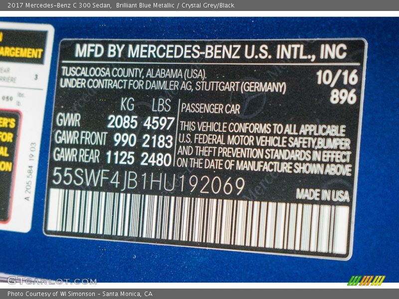 Brilliant Blue Metallic / Crystal Grey/Black 2017 Mercedes-Benz C 300 Sedan