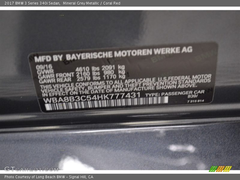 Mineral Grey Metallic / Coral Red 2017 BMW 3 Series 340i Sedan