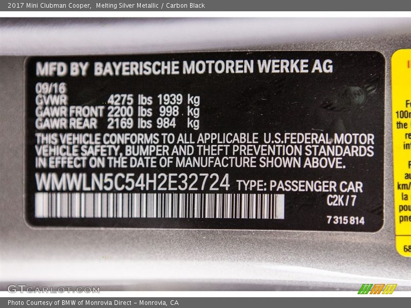 2017 Clubman Cooper Melting Silver Metallic Color Code C2K