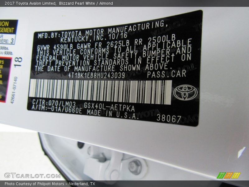 2017 Avalon Limited Blizzard Pearl White Color Code 070