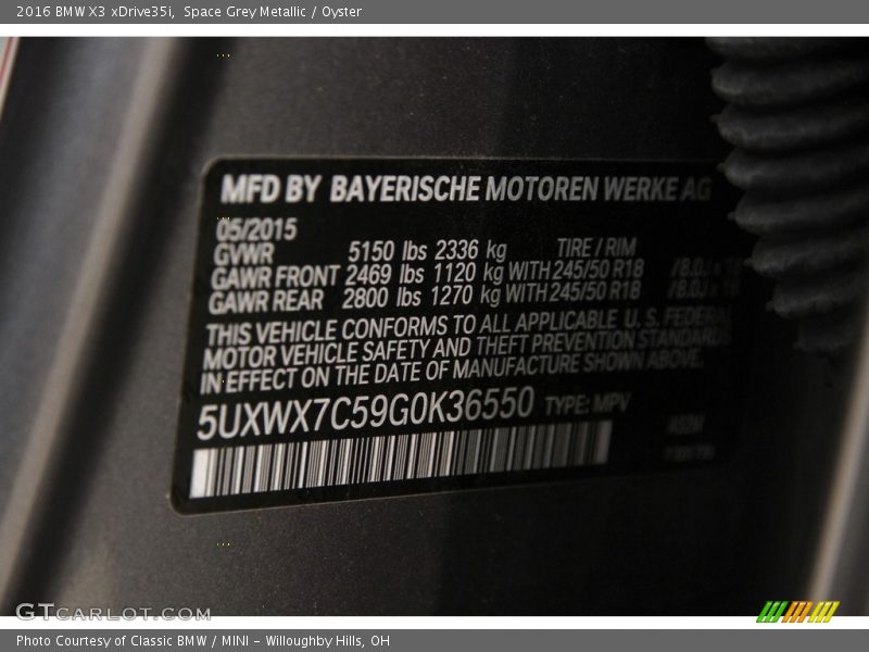 Space Grey Metallic / Oyster 2016 BMW X3 xDrive35i